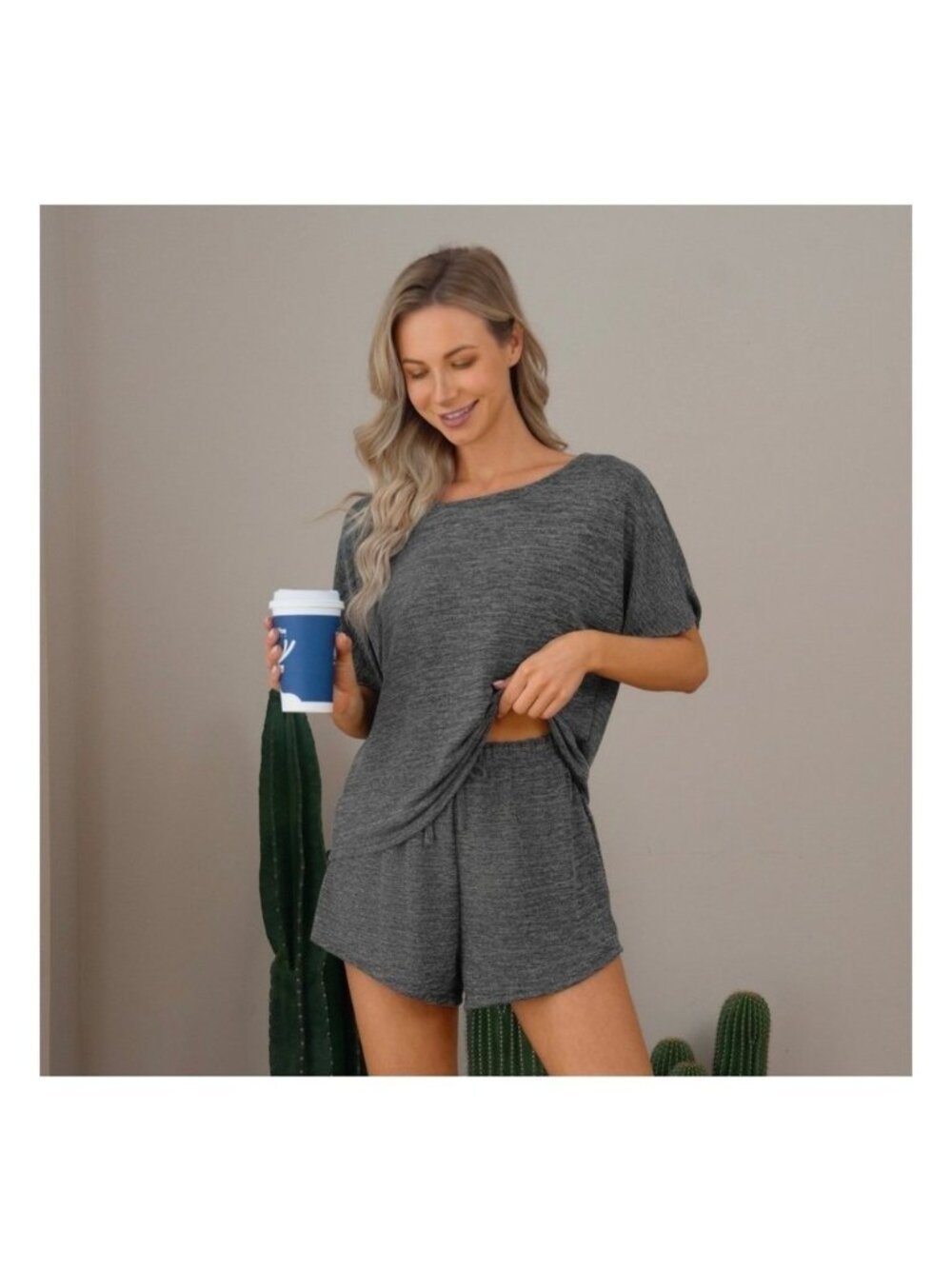 Women's Cozy Tee & Shorts Pajama Set - Cupshe Dark Gray XL